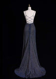Spaghetti Strap Sheath Long Prom Dresses Glitter Sequin Navy Blue Formal Dresses HZ1024