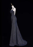 Spaghetti Strap Sheath Long Prom Dresses Glitter Sequin Navy Blue Formal Dresses HZ1024