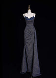 Spaghetti Strap Sheath Long Prom Dresses Glitter Sequin Navy Blue Formal Dresses HZ1024