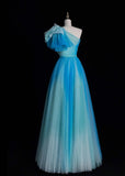 One Shoulder A-Line Long Prom Dresses Tulle Blue Formal Dresses Sweet 16 Dress HZ1024