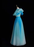 One Shoulder A-Line Long Prom Dresses Tulle Blue Formal Dresses Sweet 16 Dress HZ1024