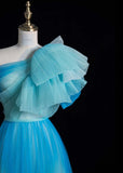 One Shoulder A-Line Long Prom Dresses Tulle Blue Formal Dresses Sweet 16 Dress HZ1024