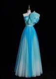 One Shoulder A-Line Long Prom Dresses Tulle Blue Formal Dresses Sweet 16 Dress HZ1024