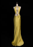 Jewel Sheath Long Prom Dresses Satin Yellow Formal Dresses HZ1024