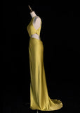 Jewel Sheath Long Prom Dresses Satin Yellow Formal Dresses HZ1024