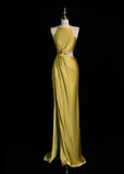 Jewel Sheath Long Prom Dresses Satin Yellow Formal Dresses HZ1024