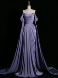 Purple A-Line Off Shoulder Satin Long Prom Dress Formal Evening Dress HZ1024
