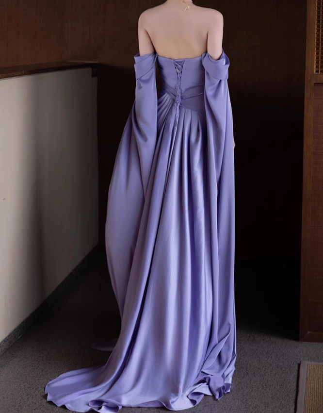 Purple A-Line Off Shoulder Satin Long Prom Dress Formal Evening Dress HZ1024