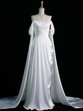 Purple A-Line Off Shoulder Satin Long Prom Dress Formal Evening Dress HZ1024