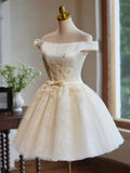 Off Shoulder Satin Lace Short Prom Dress, Champagne Homecoming Dress HZ1024