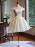Off Shoulder Satin Lace Short Prom Dress, Champagne Homecoming Dress HZ1024
