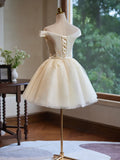 Off Shoulder Satin Lace Short Prom Dress, Champagne Homecoming Dress HZ1024