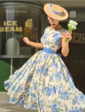 Jewel A-Line Chiffon Floral Short Prom Dresses Elegant Blue Birthday Dresses with Short Sleeves HZ1024