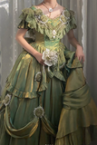 V-neck A-Line Short Prom Dresses Lace Satin Birthday Dresses Green Lolita Dress HZ1024