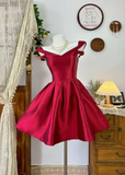 V-neck A-Line Short Prom Dresses Satin Red Birthday Dresses Red Homecoming Dresses HZ1024