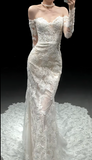 Off-the-shoulder Mermaid Train Wedding Dresses Lace Applique Bridal Gowns Long Sleeve White Bridal Dresses HZ1024