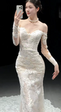 Off-the-shoulder Mermaid Train Wedding Dresses Lace Applique Bridal Gowns Long Sleeve White Bridal Dresses HZ1024