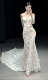 Off-the-shoulder Mermaid Train Wedding Dresses Lace Applique Bridal Gowns Long Sleeve White Bridal Dresses HZ1024