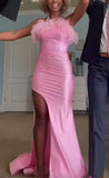 Strapless Sheath Long Prom Dresses with Slits,Satin Pink Formal Dresses HZ1024