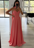 Spaghetti Strap A-Line Long Prom Dresses, Chiffon Dark Peach Wedding Guest Dresses HZ1024