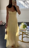 Sheath Long Prom Dresses, Chiffon Butter Yellow Formal Dresses, Spaghetti Straps Birtdhay Dresses HZ1024