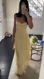 Sheath Long Prom Dresses, Chiffon Butter Yellow Formal Dresses, Spaghetti Straps Birtdhay Dresses HZ1024