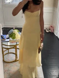 Sheath Long Prom Dresses, Chiffon Butter Yellow Formal Dresses, Spaghetti Straps Birtdhay Dresses HZ1024