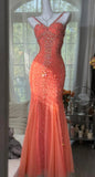 V-neck Mermaid Long Prom Dresses, Sparkly Chiffon Beaded Coral Formal Dresses HZ1024