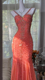 V-neck Mermaid Long Prom Dresses, Sparkly Chiffon Beaded Coral Formal Dresses HZ1024
