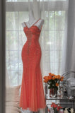 V-neck Mermaid Long Prom Dresses, Sparkly Chiffon Beaded Coral Formal Dresses HZ1024