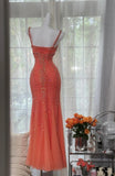 V-neck Mermaid Long Prom Dresses, Sparkly Chiffon Beaded Coral Formal Dresses HZ1024