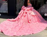 Off-the-shoulder Ball Gown Tulle Long Prom Dresses Beaded Pink Sweet 16 Dress Applique Quinceanera Dresses HZ1024