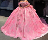 Off-the-shoulder Ball Gown Tulle Long Prom Dresses Beaded Pink Sweet 16 Dress Applique Quinceanera Dresses HZ1024