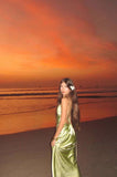 Spaghetti Strap Sheath Long Evening Dresses Satin Green Formal Dresses with Slits HZ1024