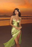 Spaghetti Strap Sheath Long Evening Dresses Satin Green Formal Dresses with Slits HZ1024
