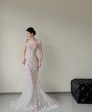 Square Neck Mermaid Long Wedding Dresses Applique Tulle Bridal Gowns Short Sleeve Bridal Dresses HZ1024