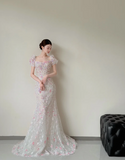 Square Neck Mermaid Long Wedding Dresses Applique Tulle Bridal Gowns Short Sleeve Bridal Dresses HZ1024