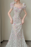 Square Neck Mermaid Long Wedding Dresses Applique Tulle Bridal Gowns Short Sleeve Bridal Dresses HZ1024