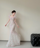 Square Neck Mermaid Long Wedding Dresses Applique Tulle Bridal Gowns Short Sleeve Bridal Dresses HZ1024