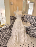 Off-the-shoulder Ball Gown Taffeta Long Wedding Dresses Beaded White Bridal Gowns HZ1024