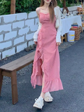 Rose Print Ruffled Slit Suspender Maxi Dress HZ1024