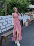 Rose Print Ruffled Slit Suspender Maxi Dress HZ1024