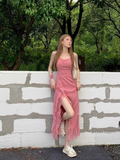 Rose Print Ruffled Slit Suspender Maxi Dress HZ1024