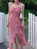 Rose Print Ruffled Slit Suspender Maxi Dress HZ1024