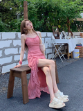 Rose Print Ruffled Slit Suspender Maxi Dress HZ1024