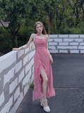 Rose Print Ruffled Slit Suspender Maxi Dress HZ1024