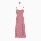 Rose Print Ruffled Slit Suspender Maxi Dress HZ1024