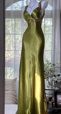 V-neck Sheath Long Prom Dresses Silk Olive Green Evening Gowns with Open Back HZ1024
