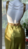 V-neck Sheath Long Prom Dresses Silk Olive Green Evening Gowns with Open Back HZ1024