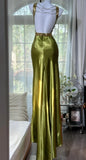 V-neck Sheath Long Prom Dresses Silk Olive Green Evening Gowns with Open Back HZ1024